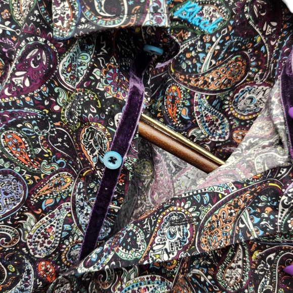 Viscotti Black Dark Paisley Shirt Purple Velvet Trim Aqua Buttons  Size Large - Picture 1 of 6